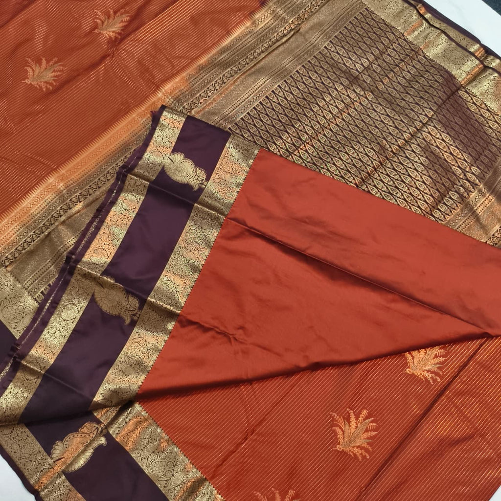Semi Kanchipuram Silk Saree- Rust Orange and Deep Chocolate Contrast