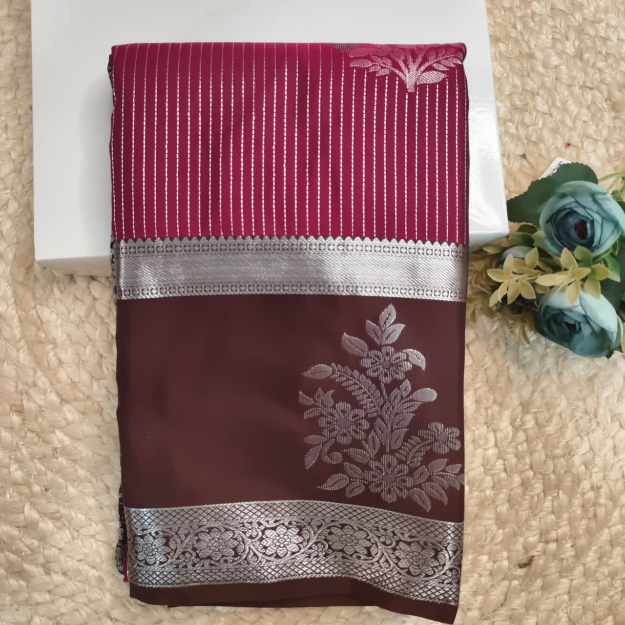 Semi Kanchipuram Silk Saree- Deep Magenta and Deep Chocolate Contrast