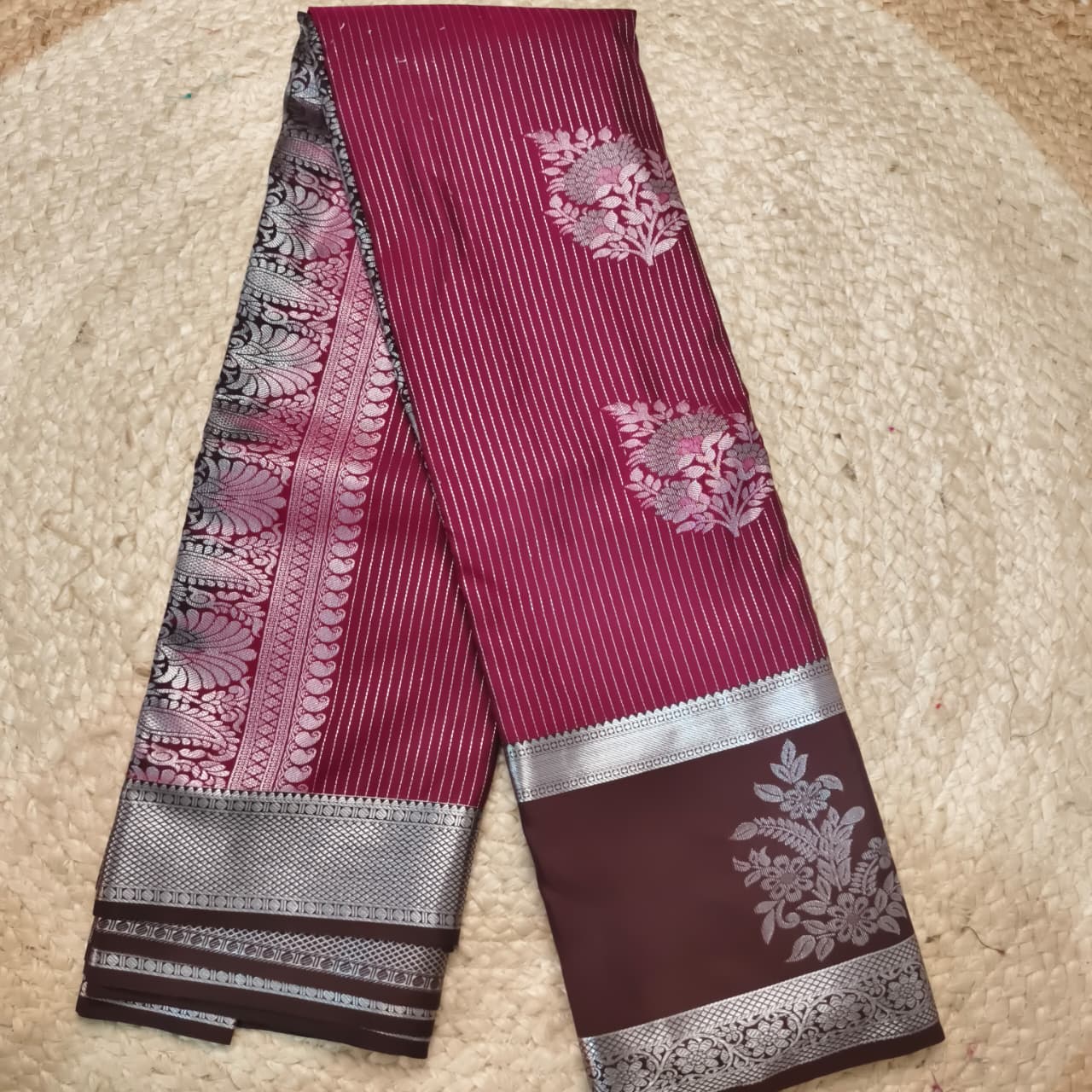 Semi Kanchipuram Silk Saree- Deep Magenta and Deep Chocolate Contrast
