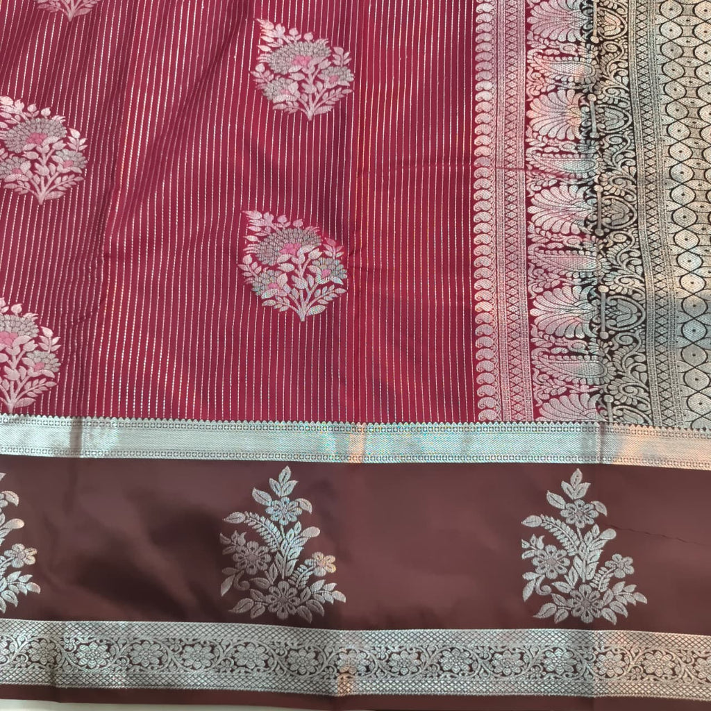 Semi Kanchipuram Silk Saree- Deep Magenta and Deep Chocolate Contrast