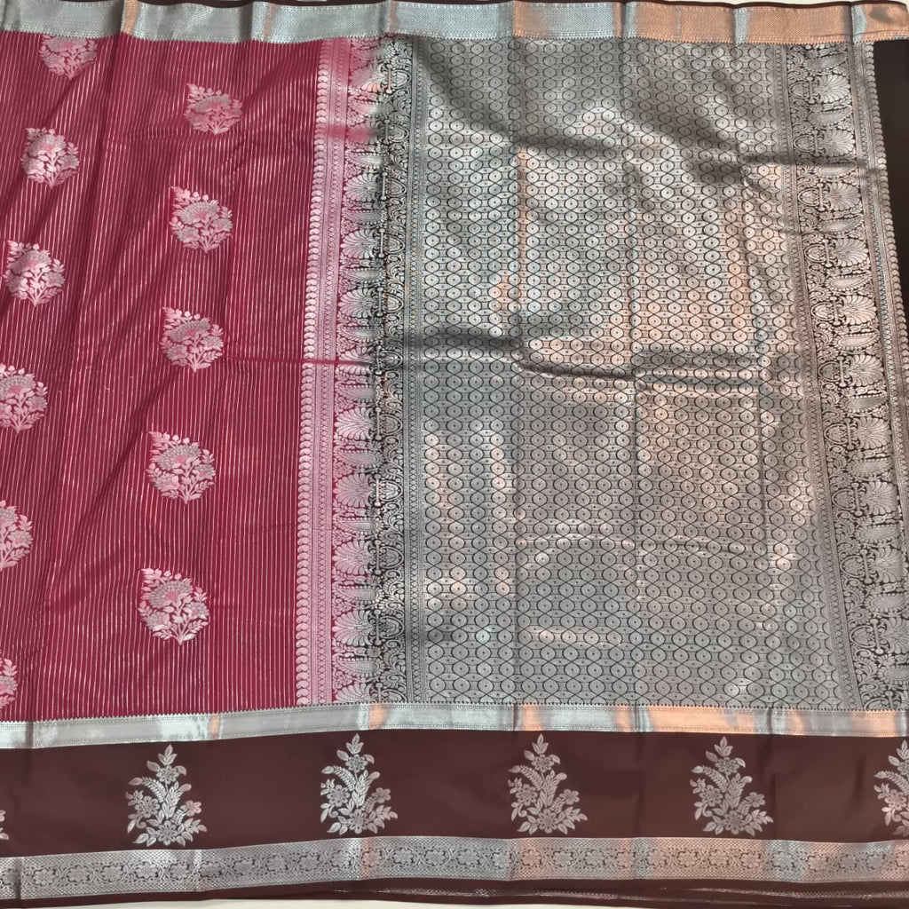 Semi Kanchipuram Silk Saree- Deep Magenta and Deep Chocolate Contrast