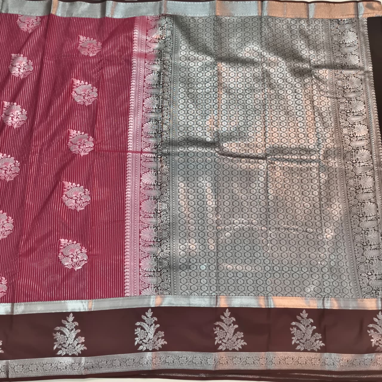 Semi Kanchipuram Silk Saree- Deep Magenta and Deep Chocolate Contrast