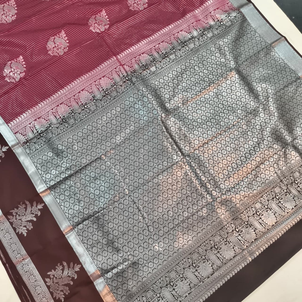 Semi Kanchipuram Silk Saree- Deep Magenta and Deep Chocolate Contrast