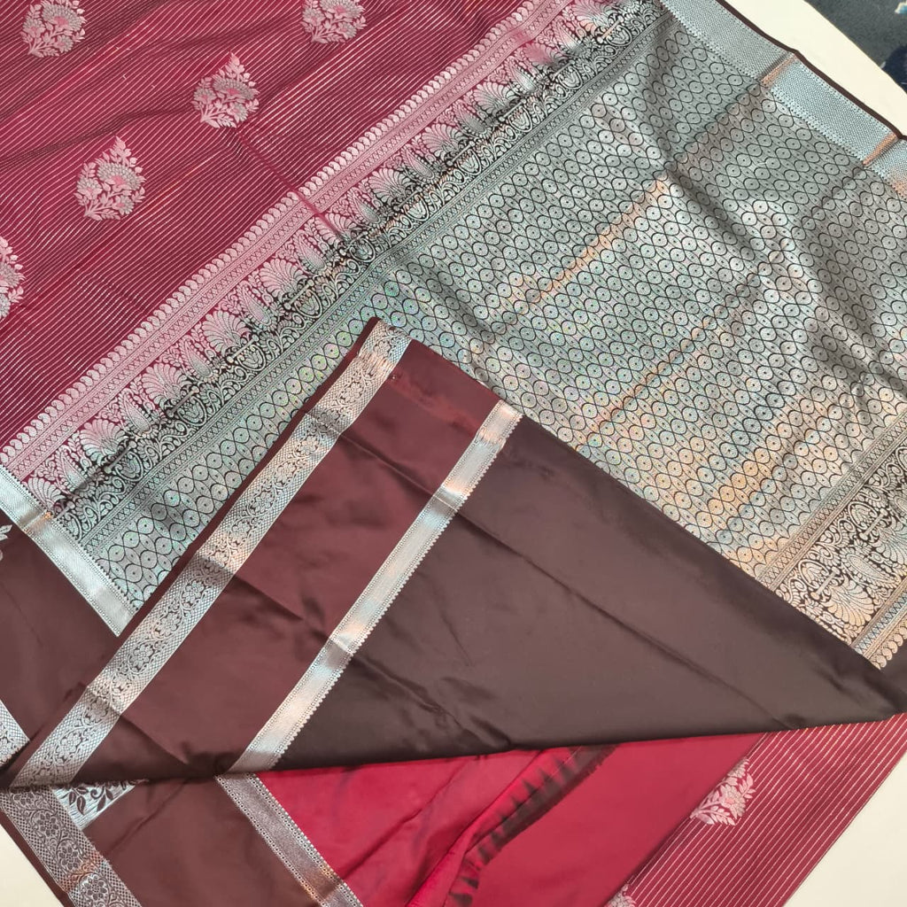 Semi Kanchipuram Silk Saree- Deep Magenta and Deep Chocolate Contrast