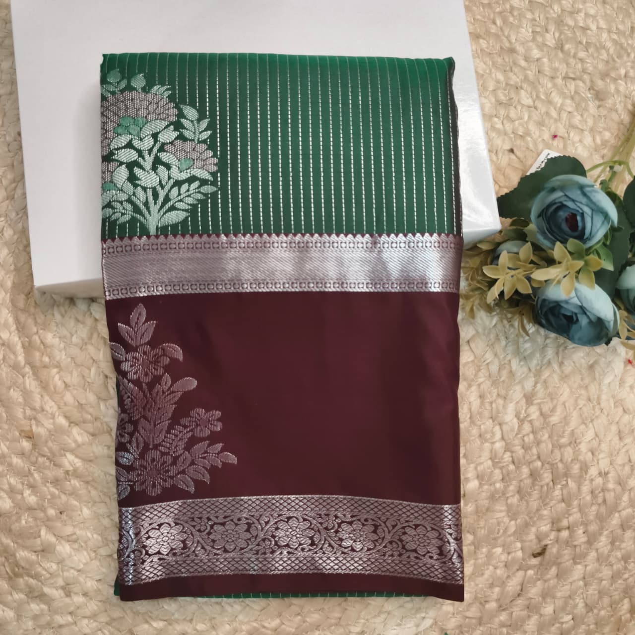 Semi Kanchipuram Silk Saree- Bottle Green and Deep Chocolate Contrast