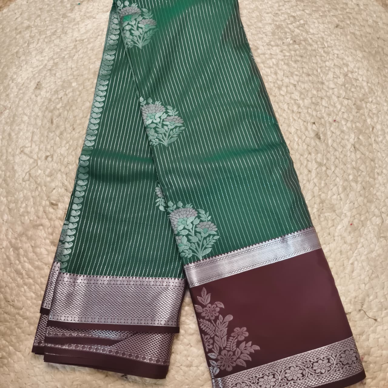 Semi Kanchipuram Silk Saree- Bottle Green and Deep Chocolate Contrast