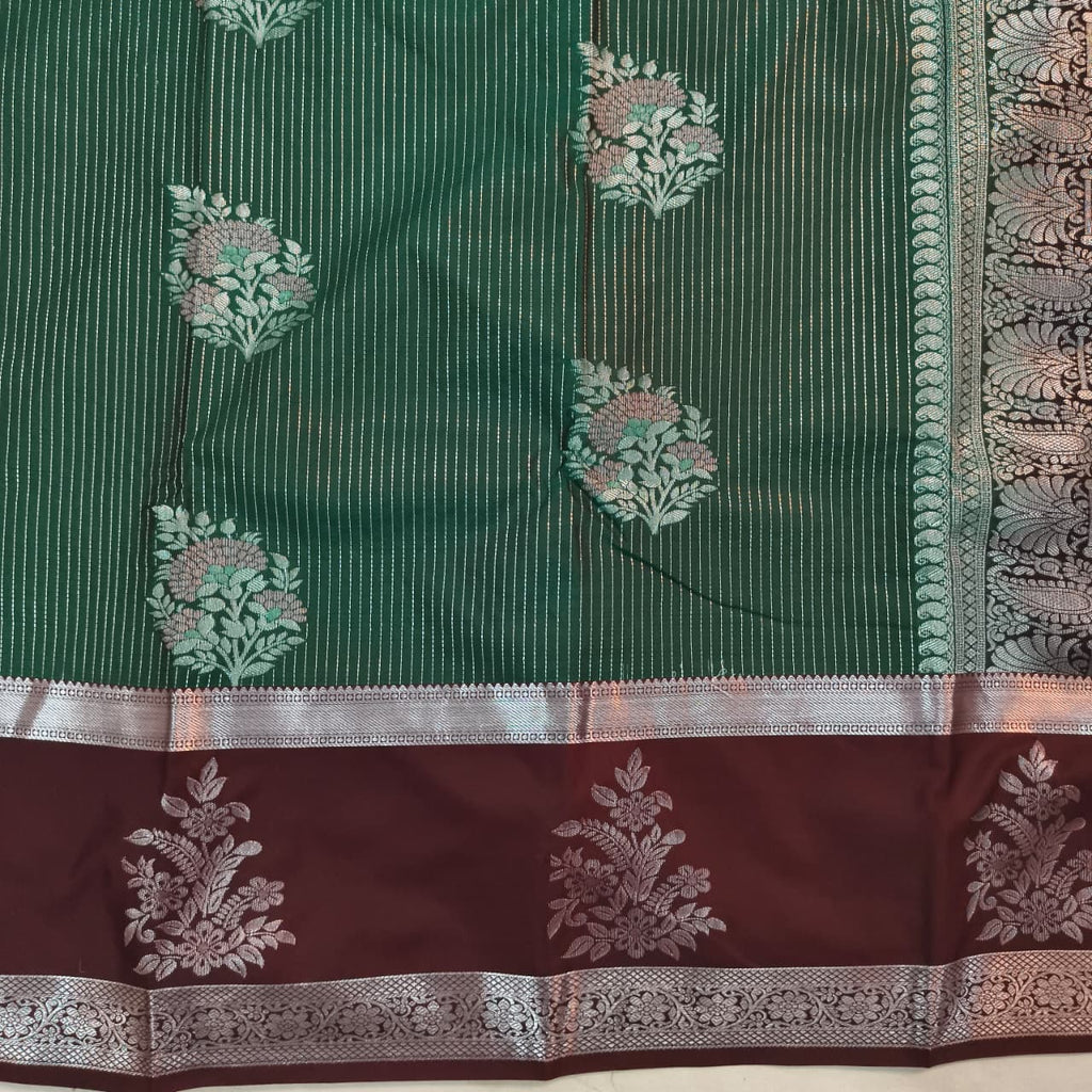 Semi Kanchipuram Silk Saree- Bottle Green and Deep Chocolate Contrast
