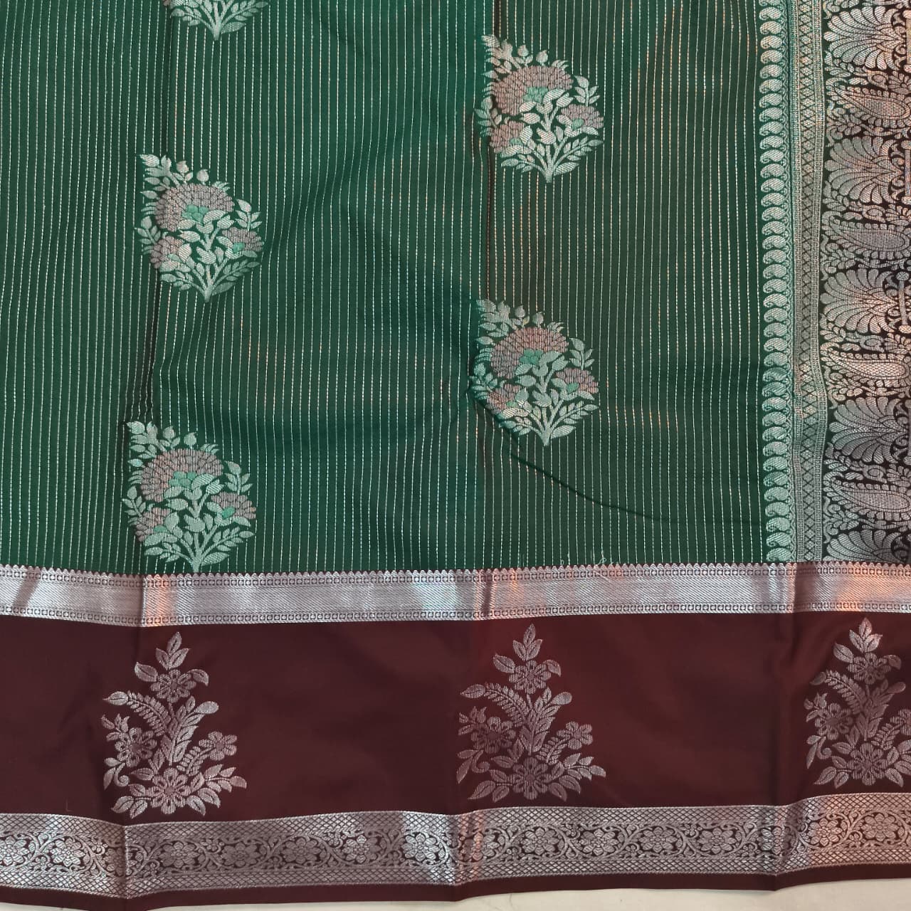 Semi Kanchipuram Silk Saree- Bottle Green and Deep Chocolate Contrast