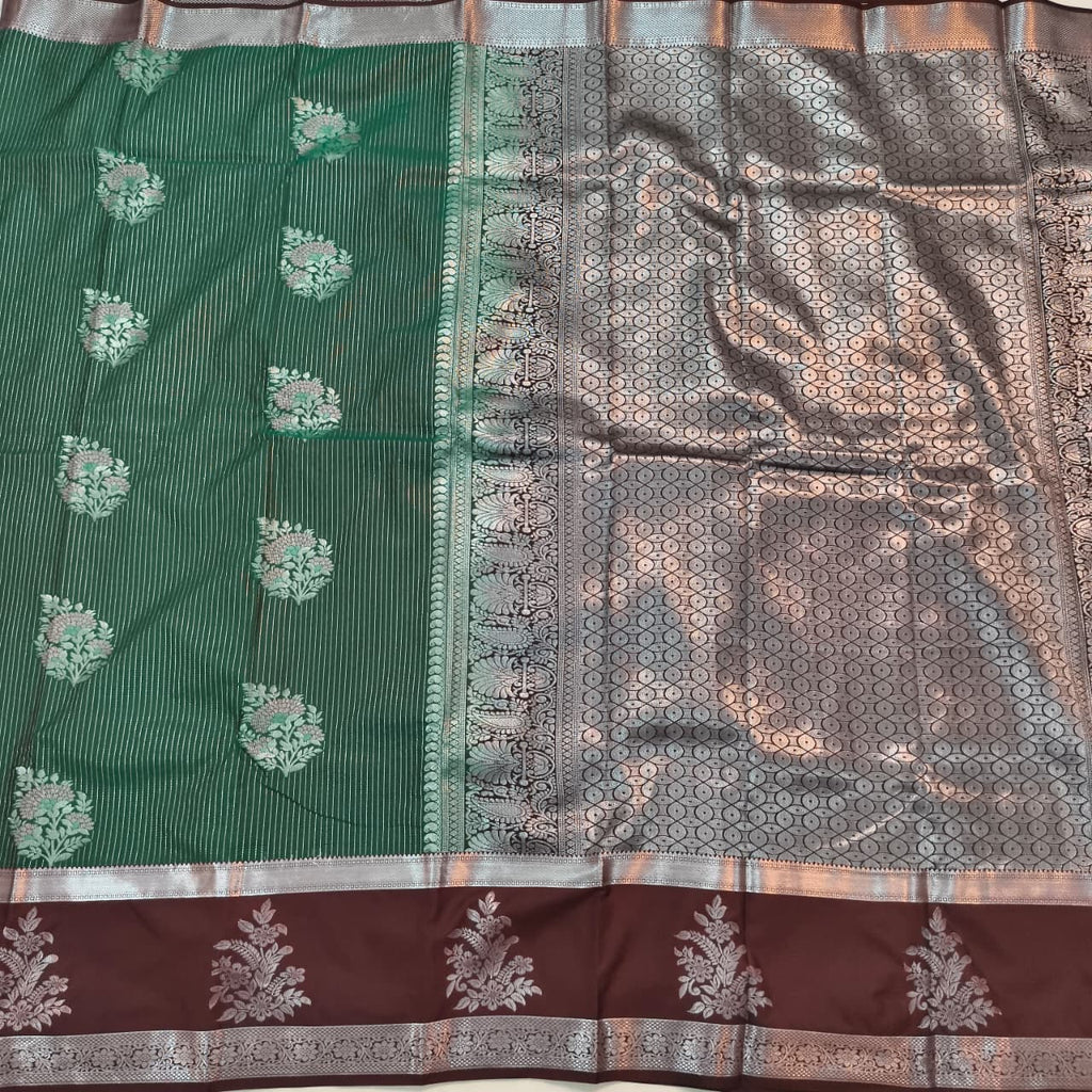 Semi Kanchipuram Silk Saree- Bottle Green and Deep Chocolate Contrast
