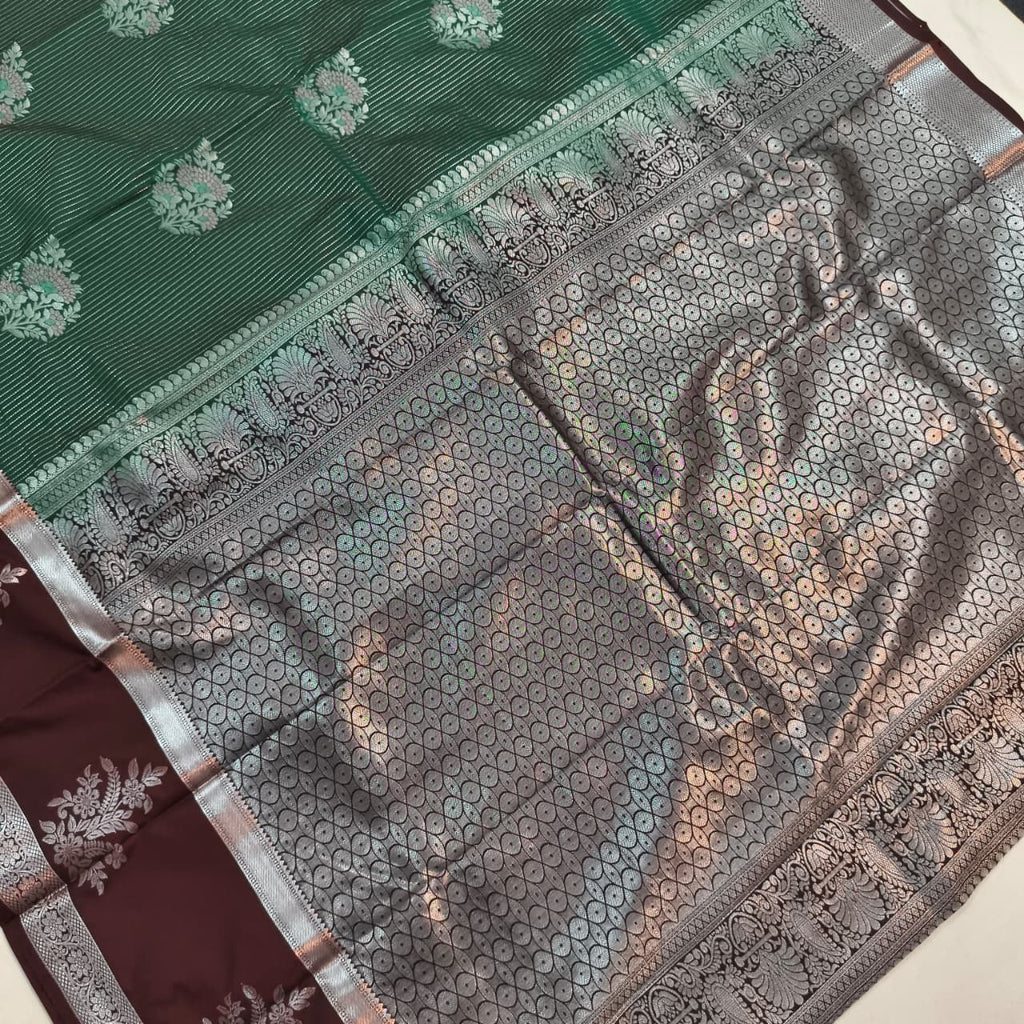 Semi Kanchipuram Silk Saree- Bottle Green and Deep Chocolate Contrast