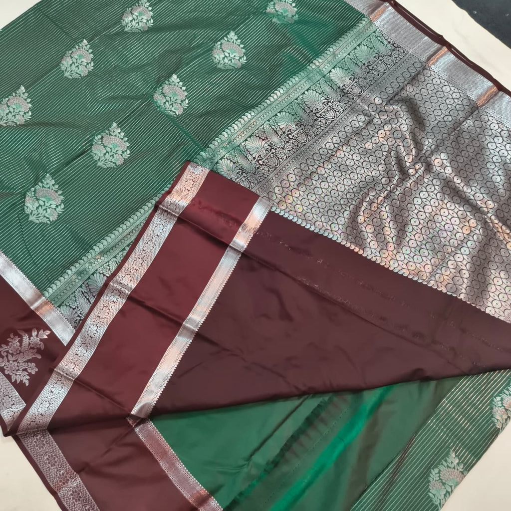 Semi Kanchipuram Silk Saree- Bottle Green and Deep Chocolate Contrast