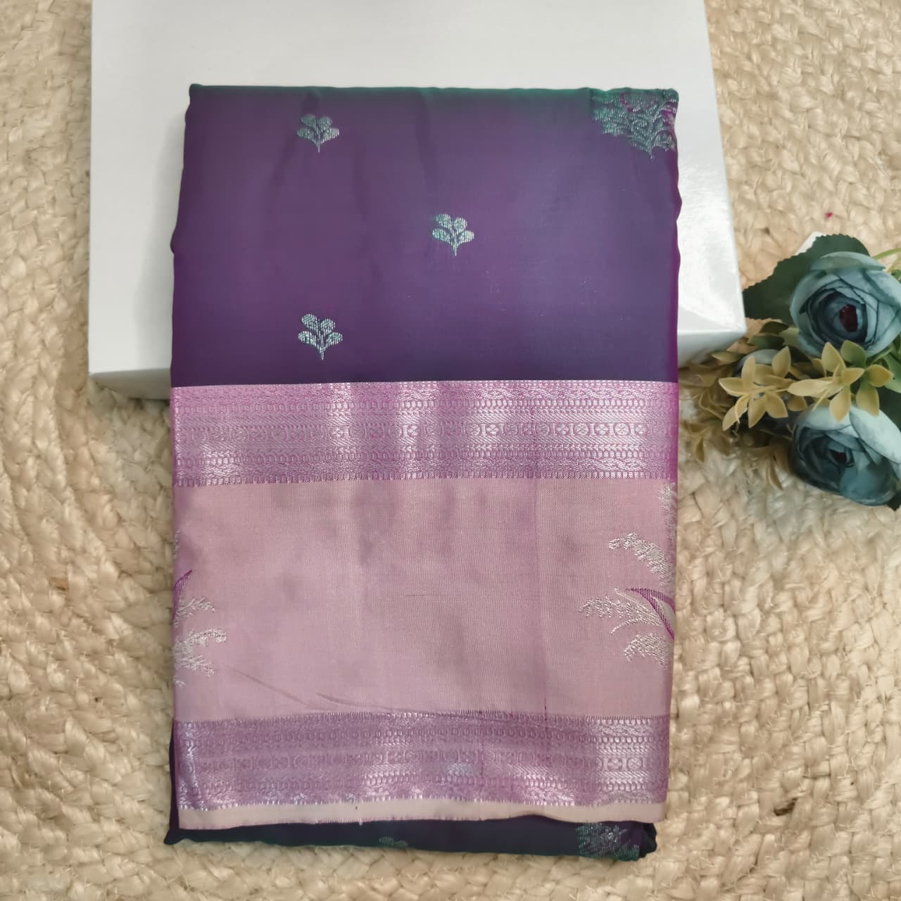 Semi Kanchipuram Silk Saree-  Purple and light Pink Contrast