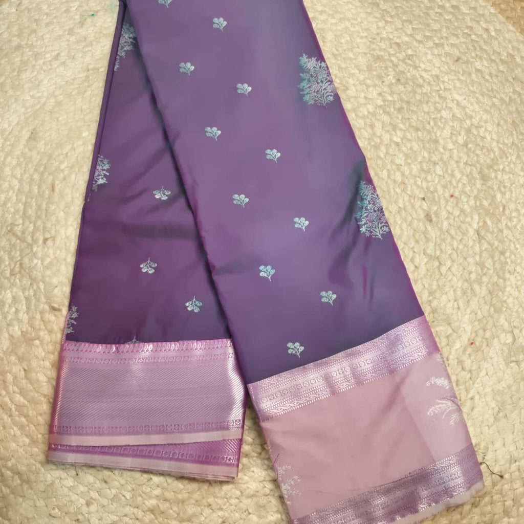 Semi Kanchipuram Silk Saree-  Purple and light Pink Contrast