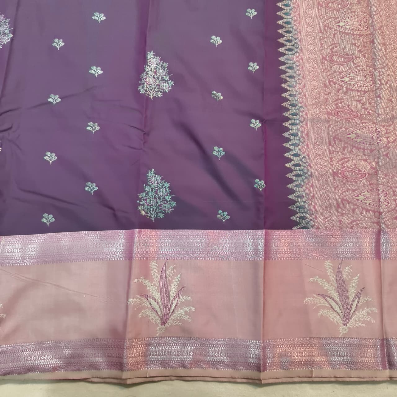 Semi Kanchipuram Silk Saree-  Purple and light Pink Contrast