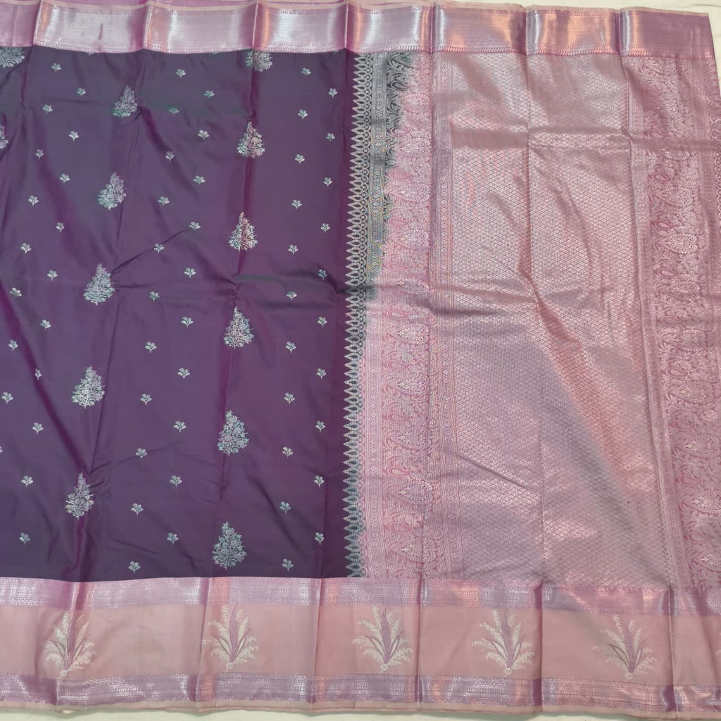 Semi Kanchipuram Silk Saree-  Purple and light Pink Contrast