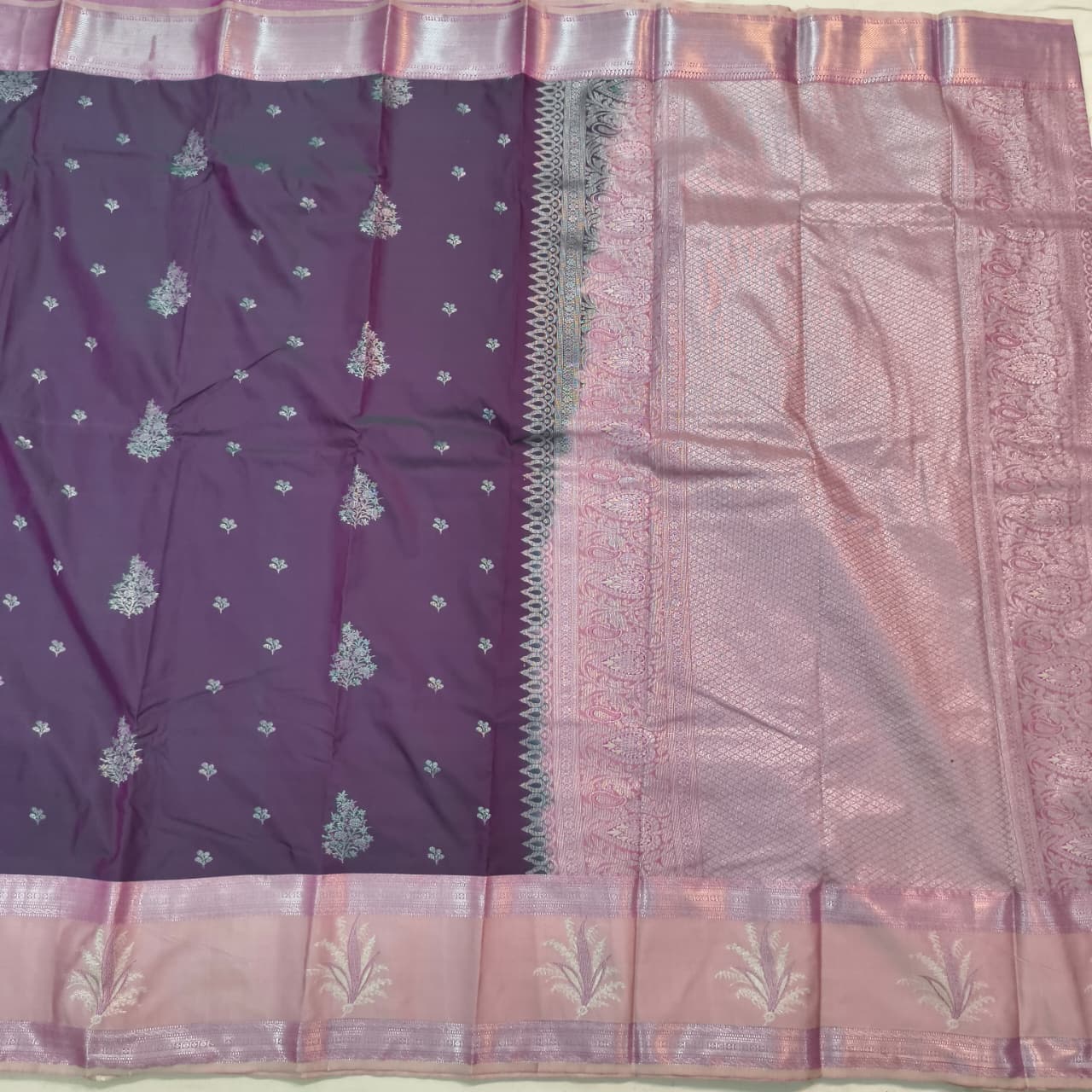 Semi Kanchipuram Silk Saree-  Purple and light Pink Contrast