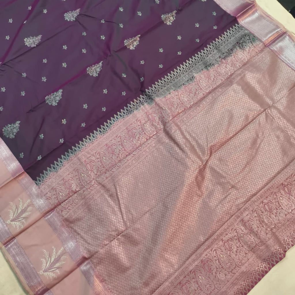 Semi Kanchipuram Silk Saree-  Purple and light Pink Contrast
