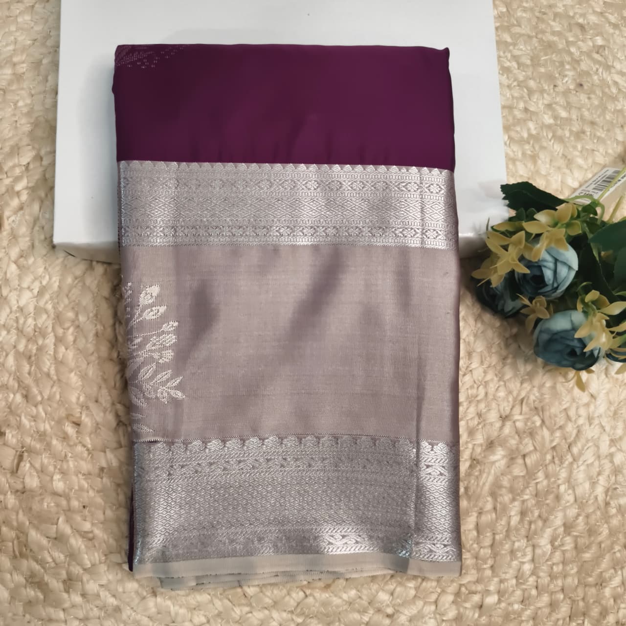 Semi Kanchipuram Silk Saree- Wine and Light Grey Contrast