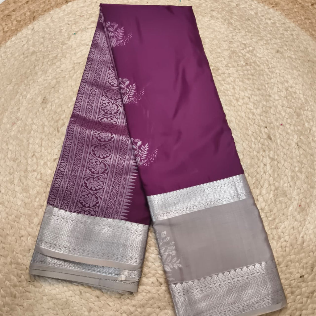 Semi Kanchipuram Silk Saree- Wine and Light Grey Contrast
