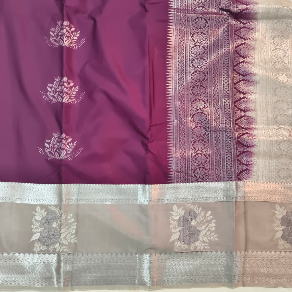 Semi Kanchipuram Silk Saree- Wine and Light Grey Contrast