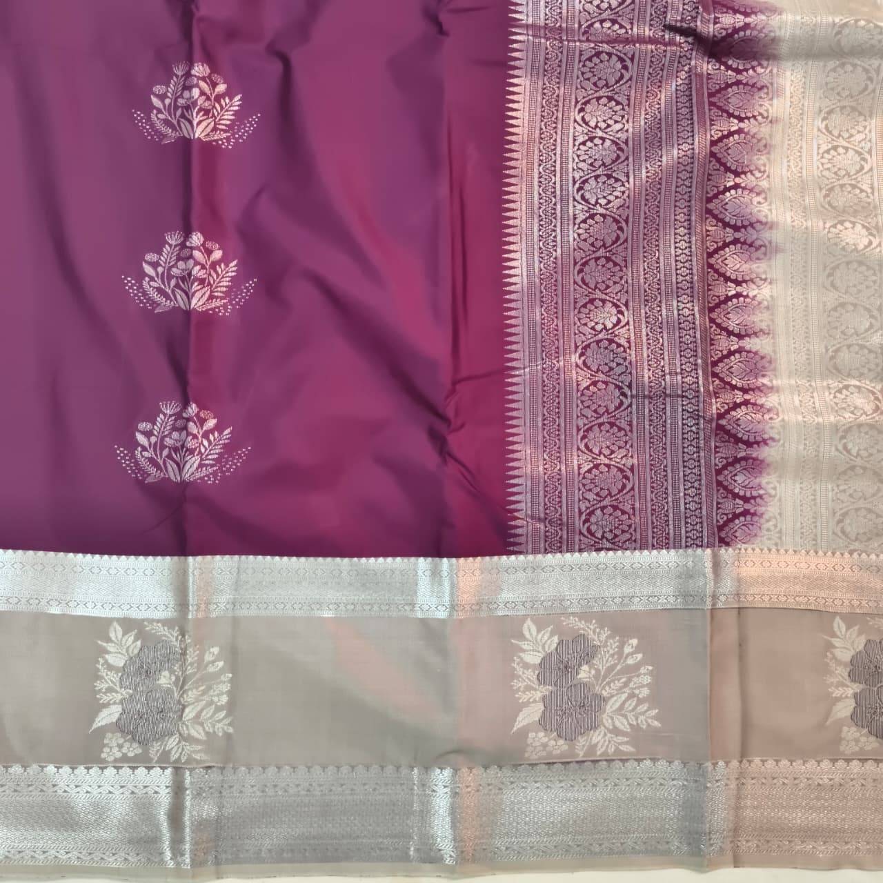 Semi Kanchipuram Silk Saree- Wine and Light Grey Contrast