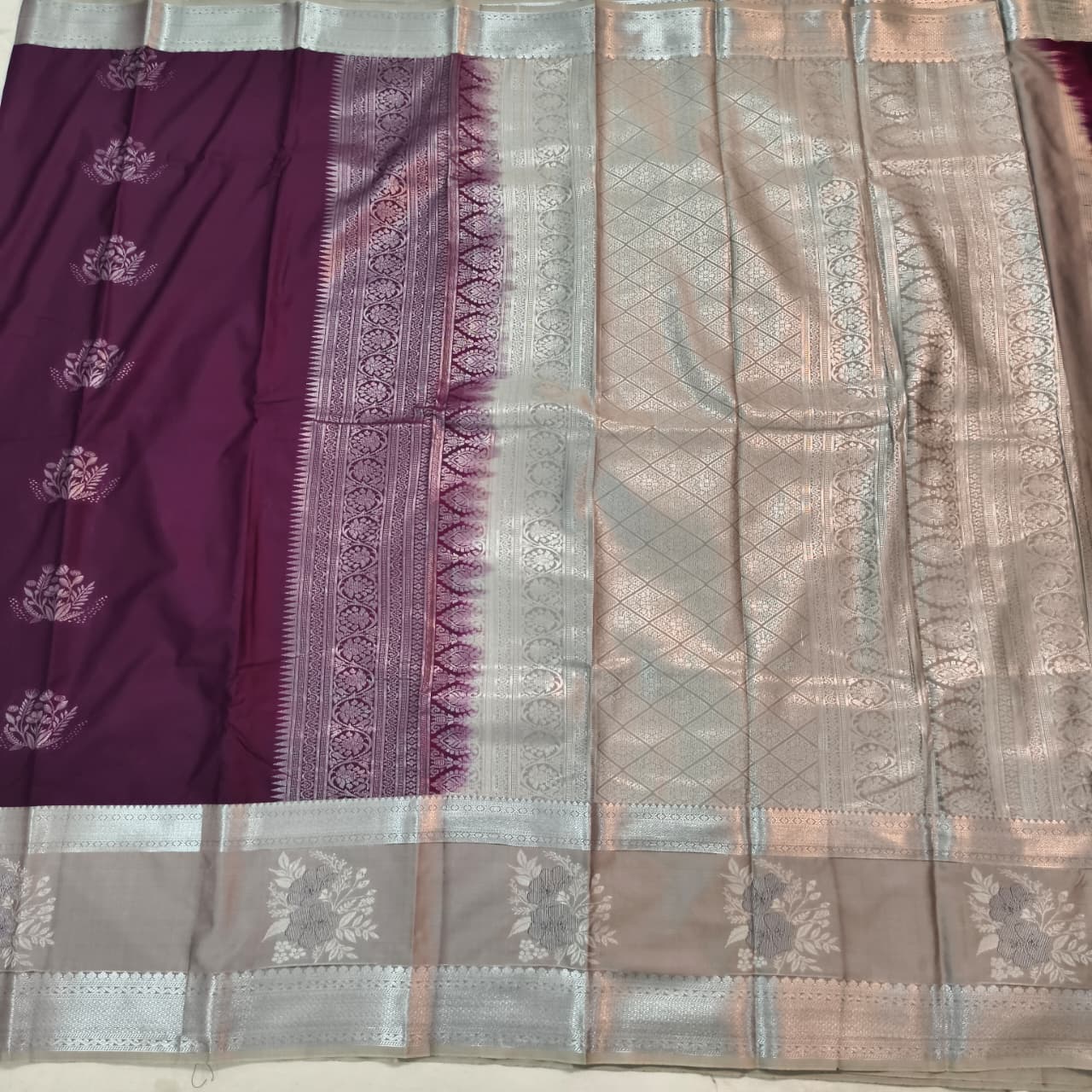 Semi Kanchipuram Silk Saree- Wine and Light Grey Contrast