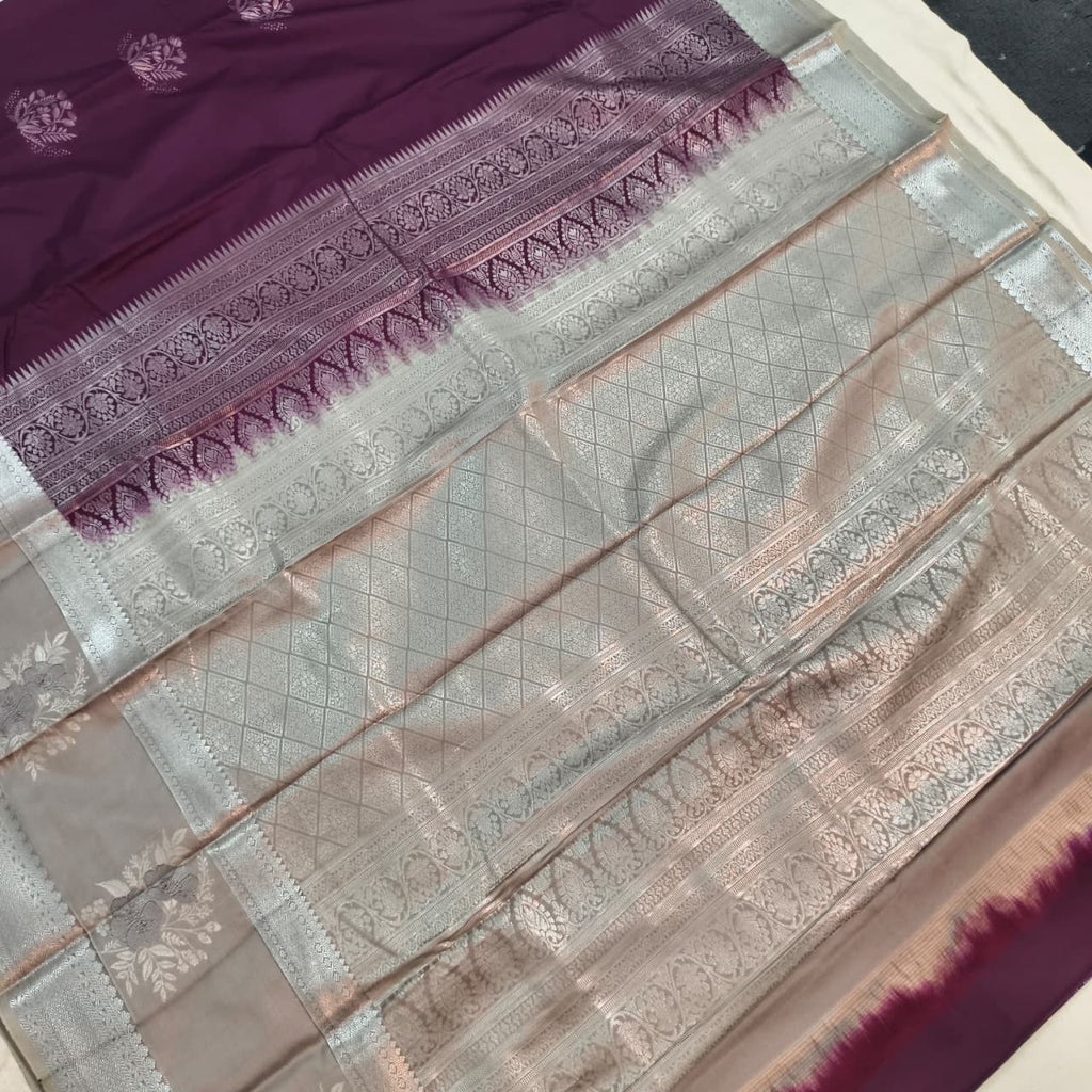 Semi Kanchipuram Silk Saree- Wine and Light Grey Contrast