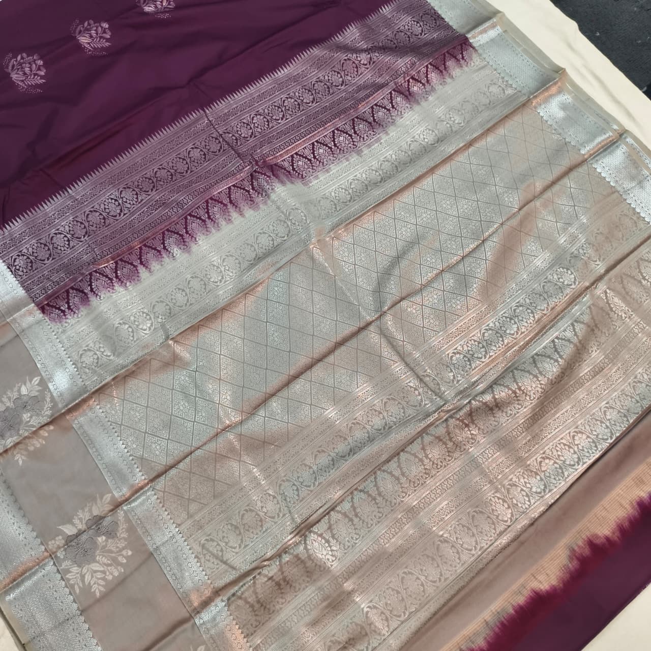 Semi Kanchipuram Silk Saree- Wine and Light Grey Contrast