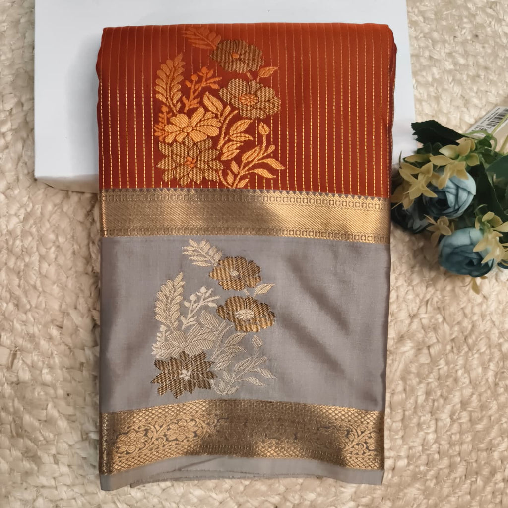 Semi Kanchipuram Silk Saree- Rust Orange and Grey Contrast
