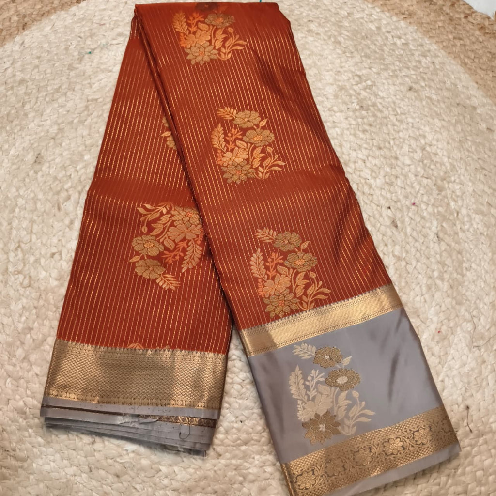 Semi Kanchipuram Silk Saree- Rust Orange and Grey Contrast