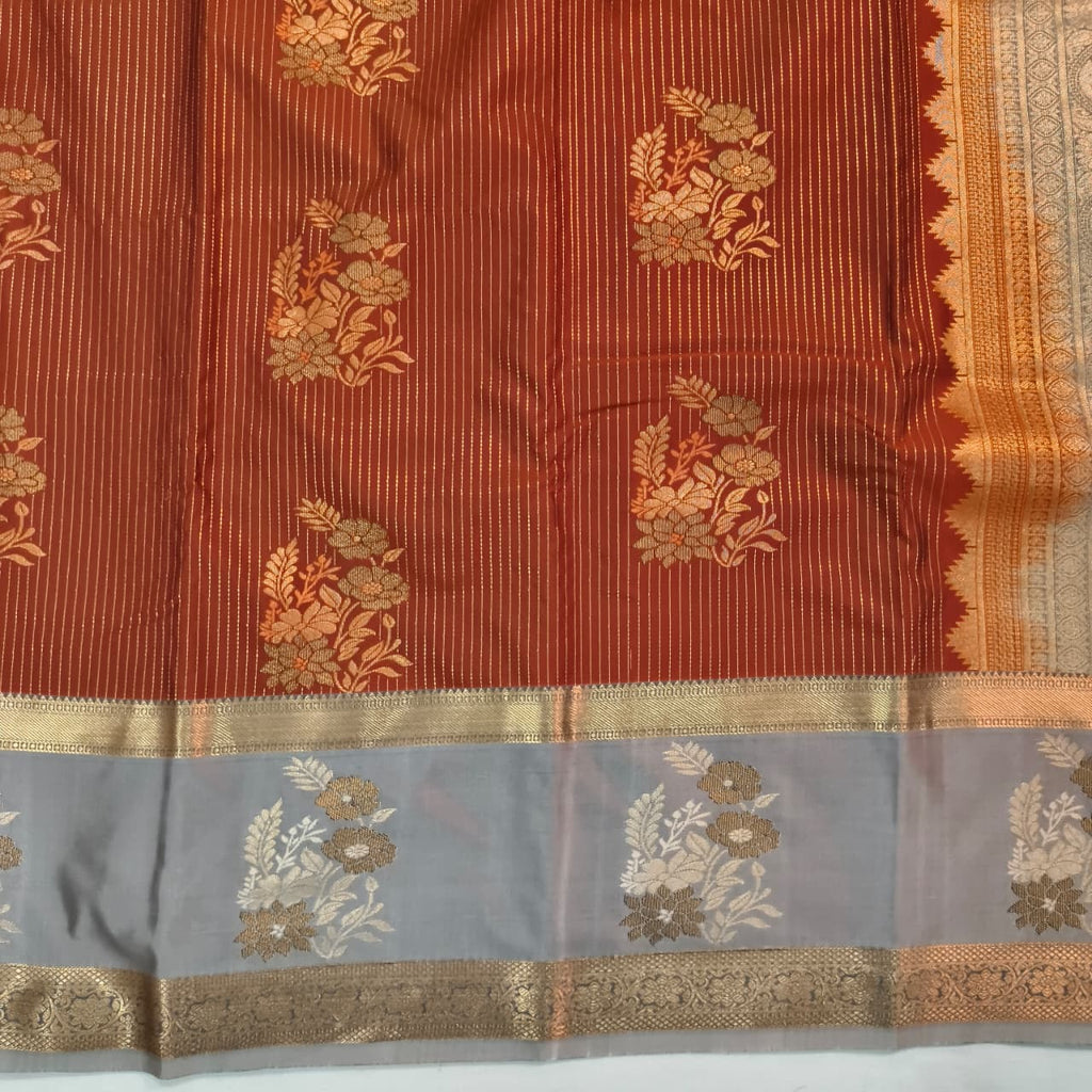 Semi Kanchipuram Silk Saree- Rust Orange and Grey Contrast