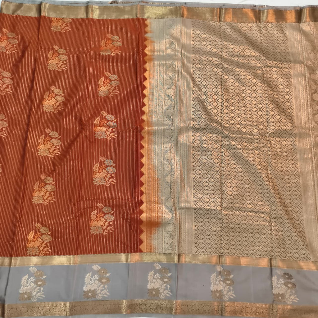 Semi Kanchipuram Silk Saree- Rust Orange and Grey Contrast