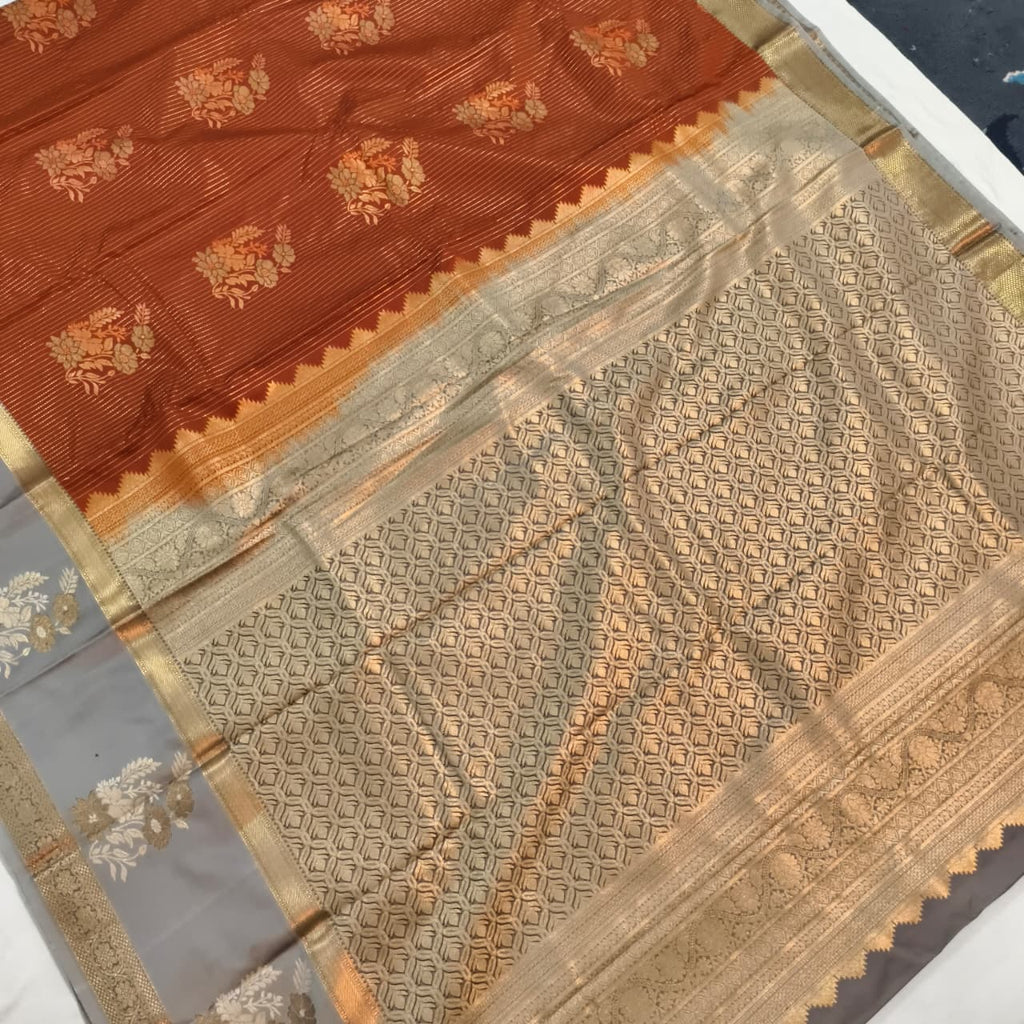 Semi Kanchipuram Silk Saree- Rust Orange and Grey Contrast