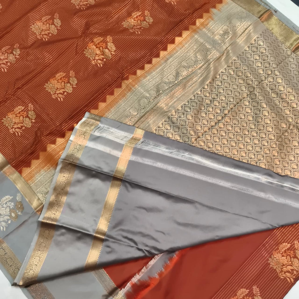 Semi Kanchipuram Silk Saree- Rust Orange and Grey Contrast
