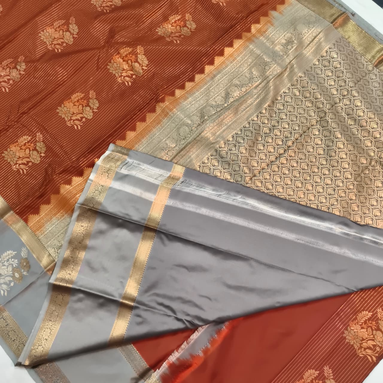 Semi Kanchipuram Silk Saree- Rust Orange and Grey Contrast