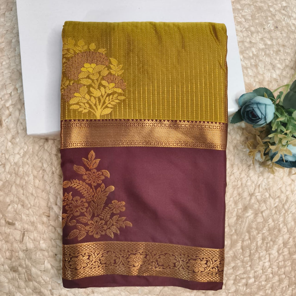 Semi Kanchipuram Silk Saree- Olive Green and Deep Chocolate Contrast
