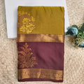 Semi Kanchipuram Silk Saree- Olive Green and Deep Chocolate Contrast