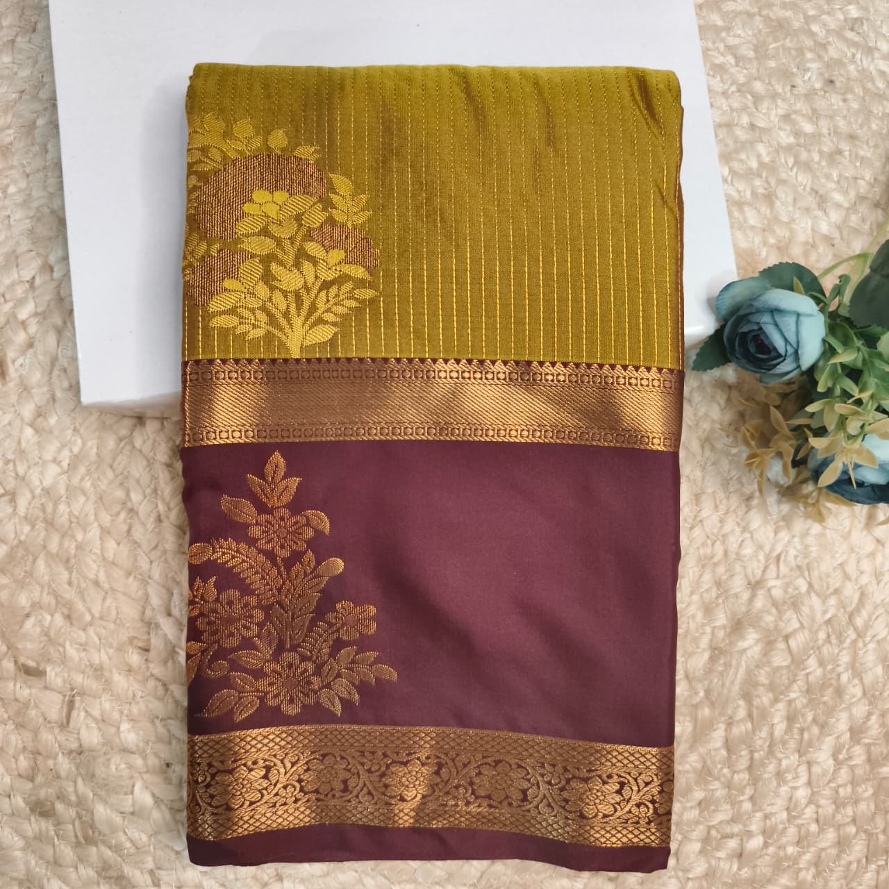 Semi Kanchipuram Silk Saree- Olive Green and Deep Chocolate Contrast