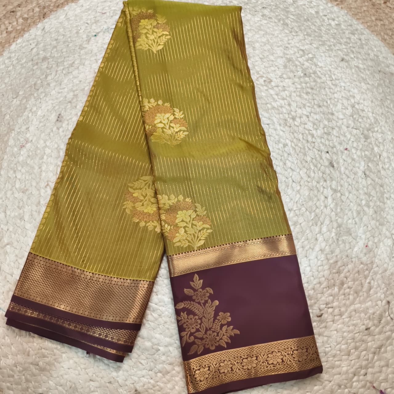 Semi Kanchipuram Silk Saree- Olive Green and Deep Chocolate Contrast