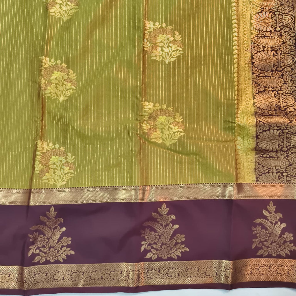 Semi Kanchipuram Silk Saree- Olive Green and Deep Chocolate Contrast