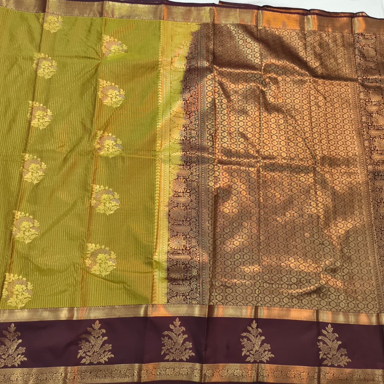 Semi Kanchipuram Silk Saree- Olive Green and Deep Chocolate Contrast