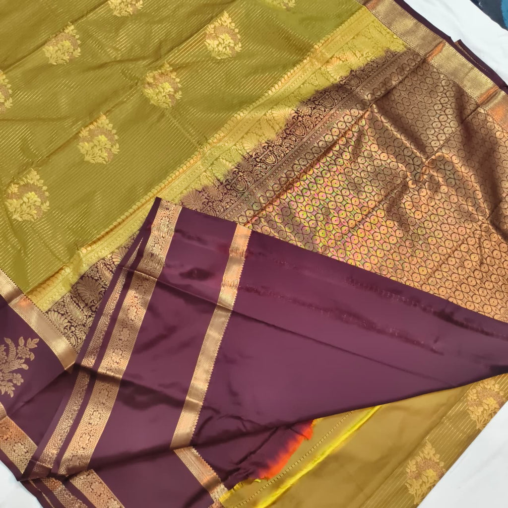 Semi Kanchipuram Silk Saree- Olive Green and Deep Chocolate Contrast