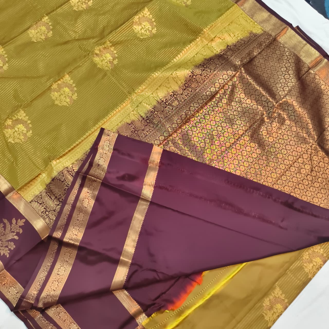 Semi Kanchipuram Silk Saree- Olive Green and Deep Chocolate Contrast