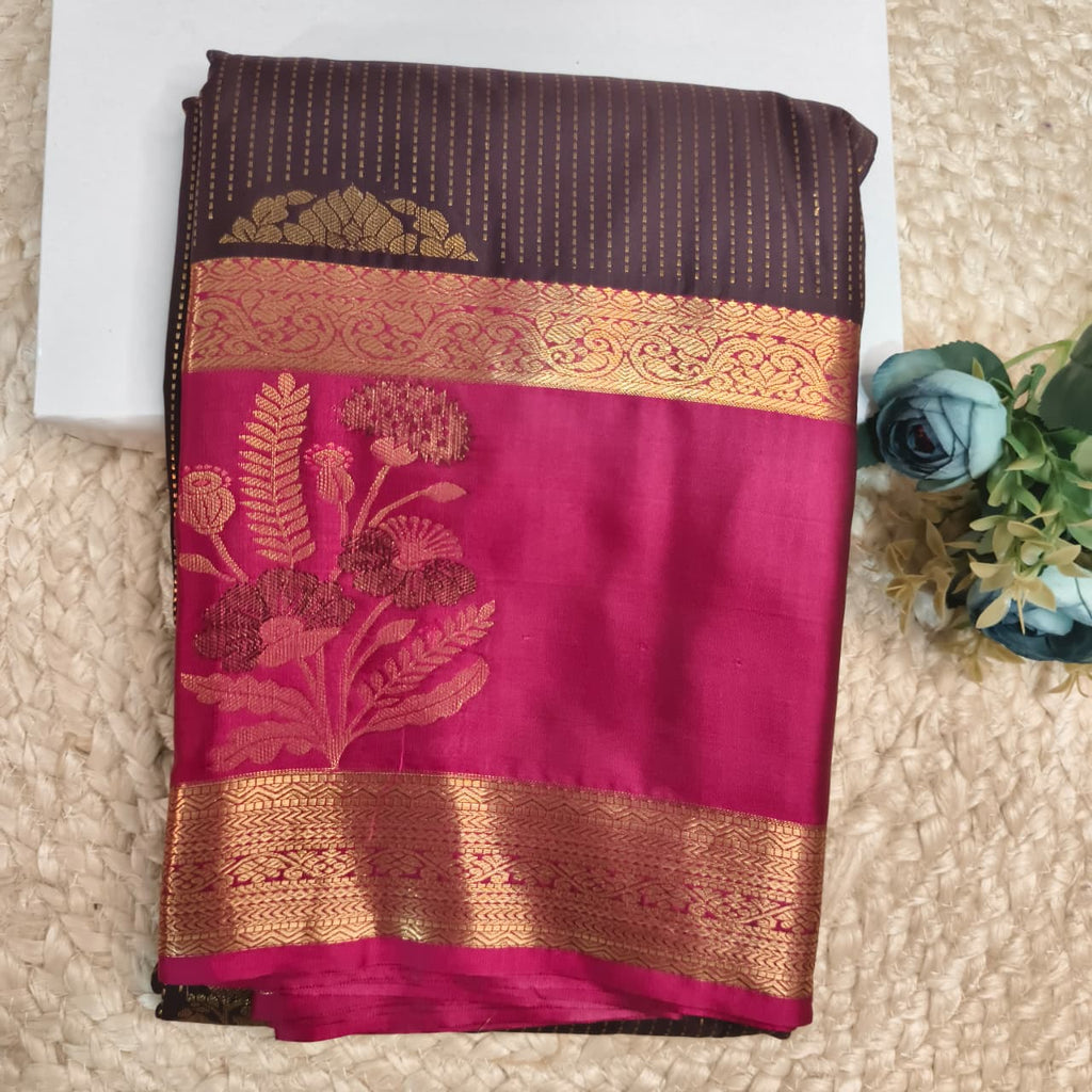 Semi Kanchipuram Silk Saree- Deep Chocolate and Magenta Contrast