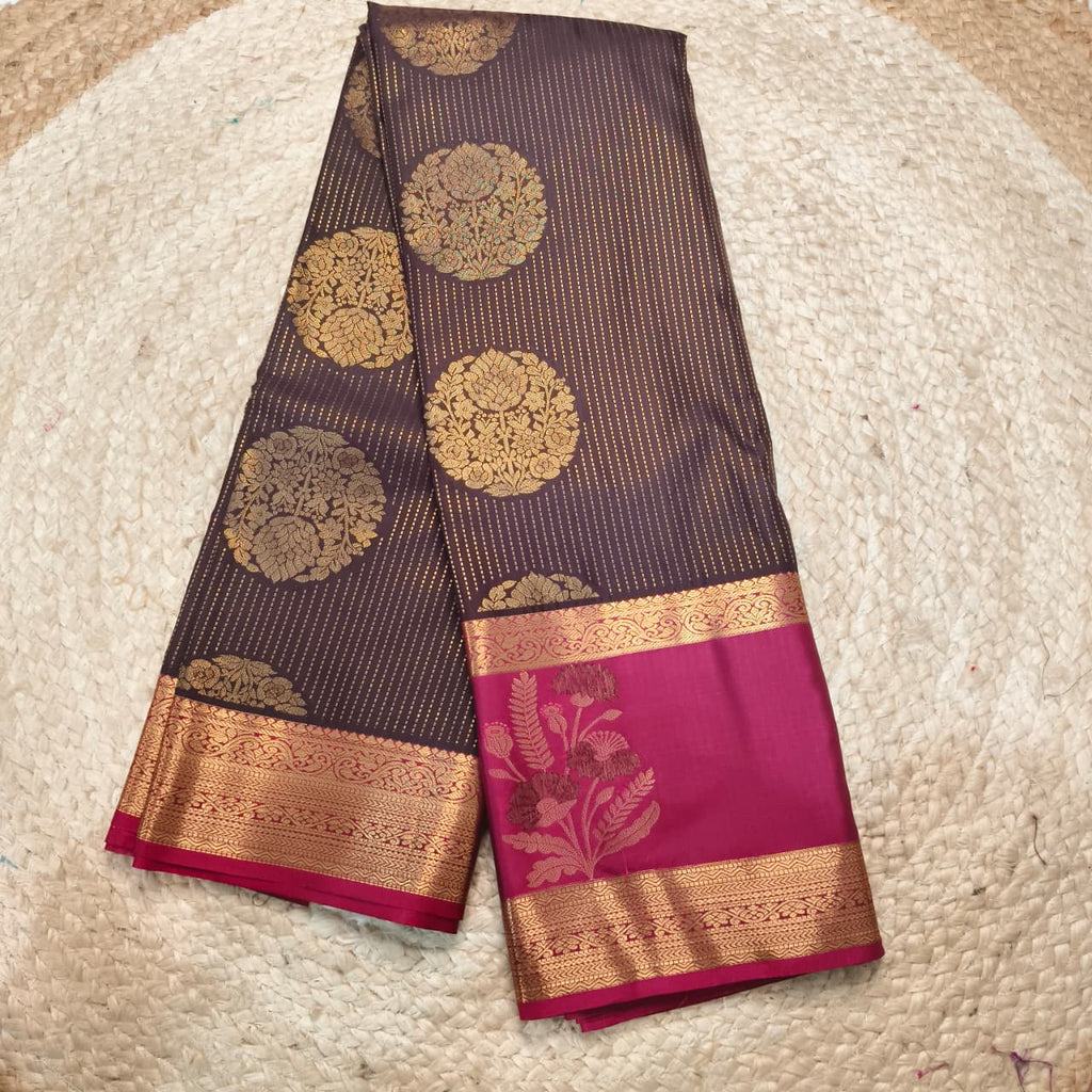Semi Kanchipuram Silk Saree- Deep Chocolate and Magenta Contrast