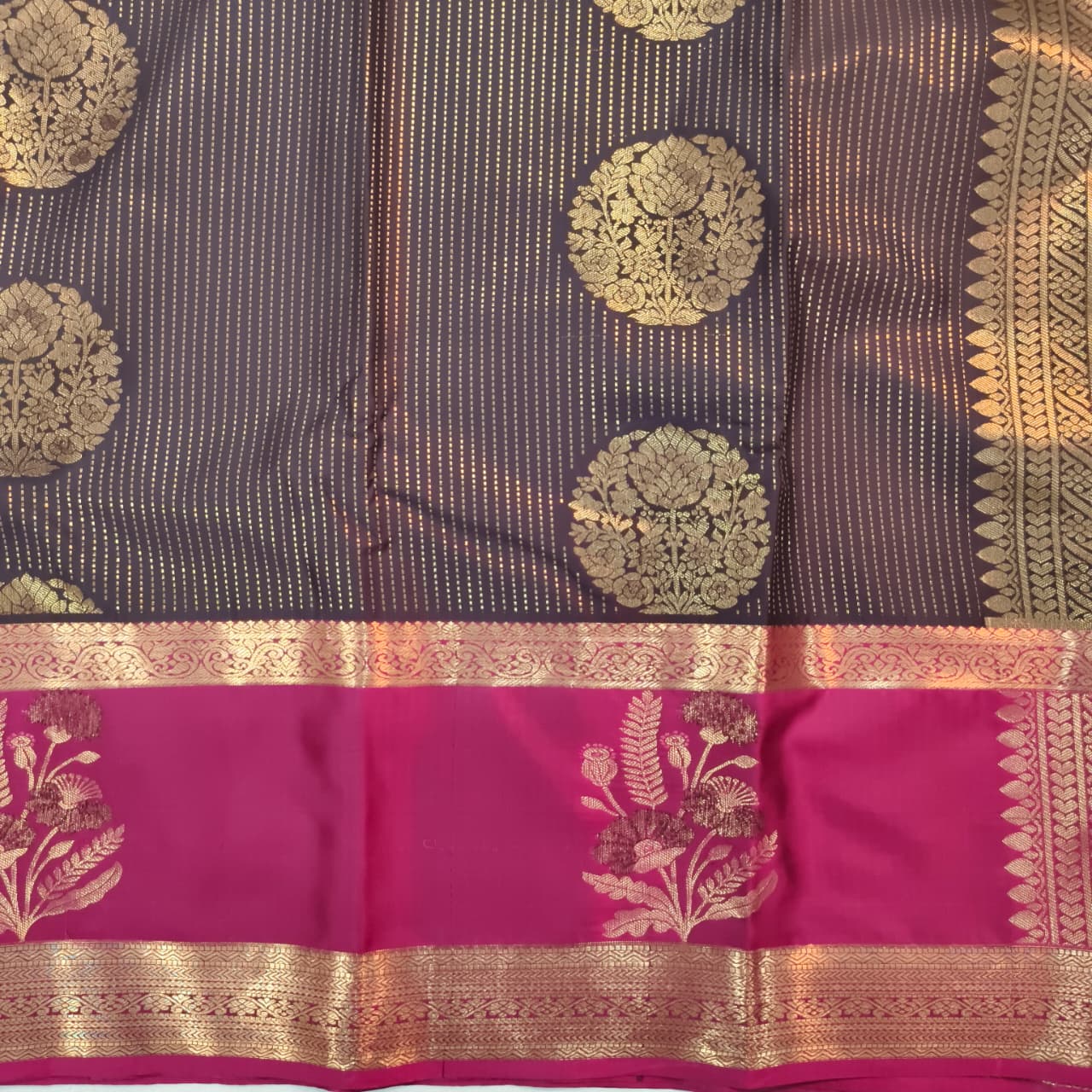 Semi Kanchipuram Silk Saree- Deep Chocolate and Magenta Contrast