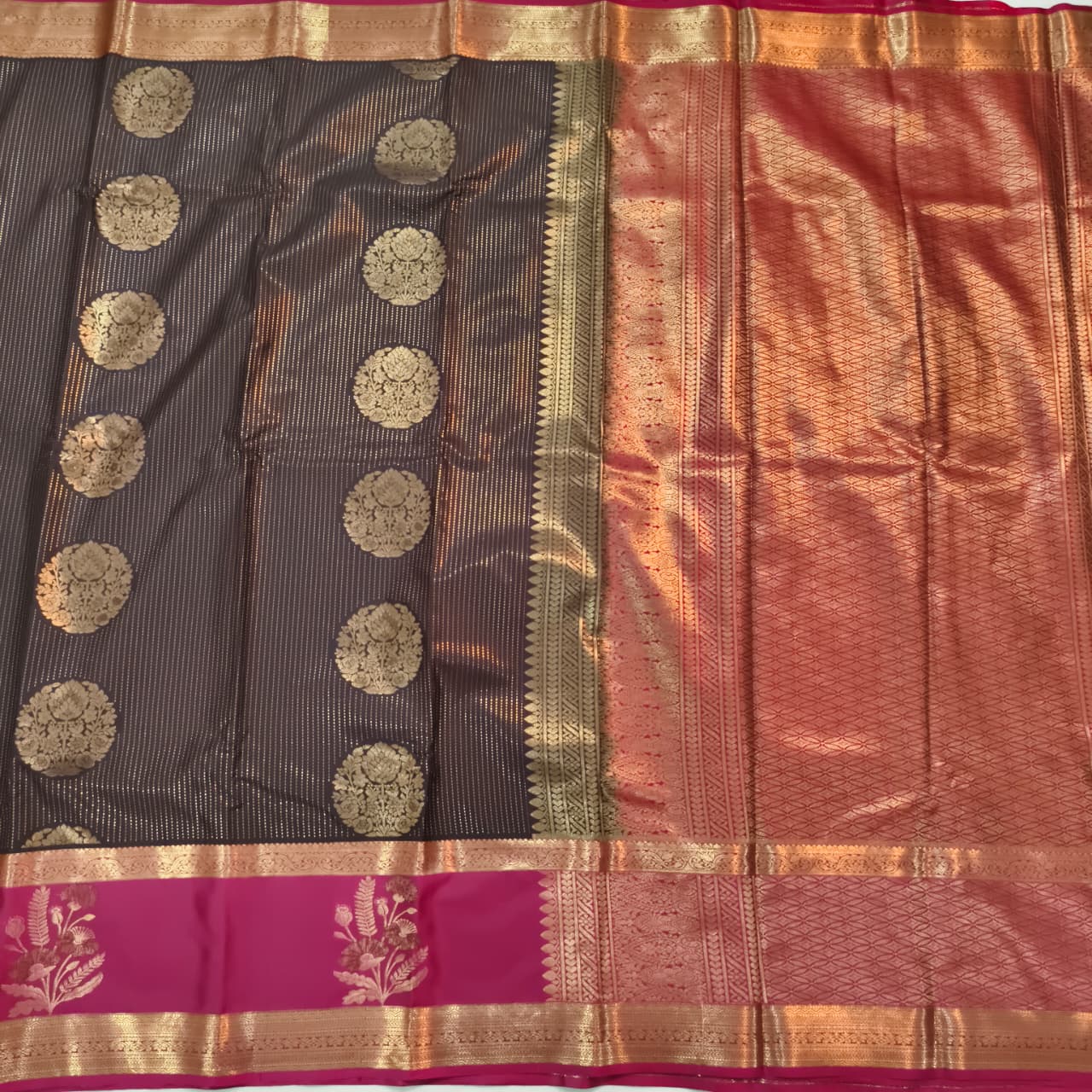 Semi Kanchipuram Silk Saree- Deep Chocolate and Magenta Contrast