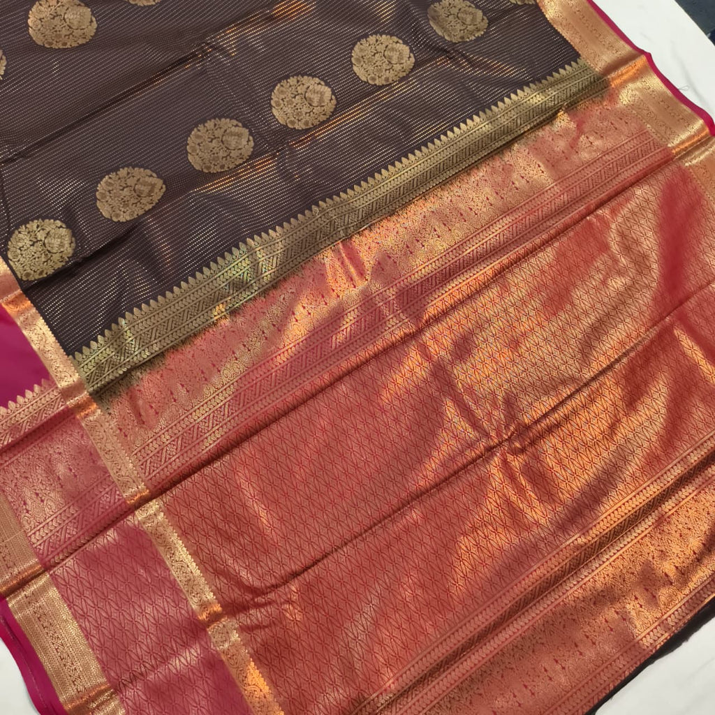 Semi Kanchipuram Silk Saree- Deep Chocolate and Magenta Contrast
