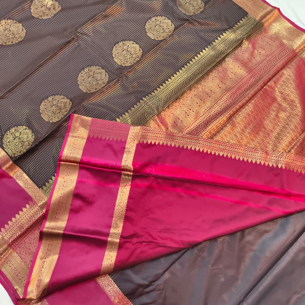 Semi Kanchipuram Silk Saree- Deep Chocolate and Magenta Contrast