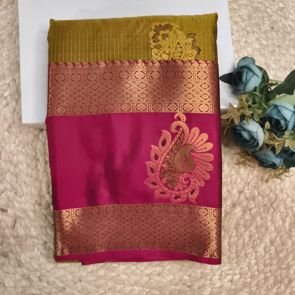 Semi Kanchipuram Silk Saree- Olive Green and Magenta